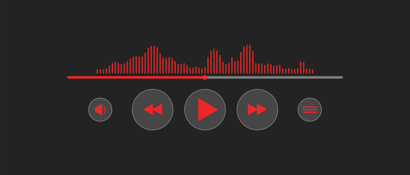 Music media player interface buttons, Glass audio video buttons, Playlist tracker interface icons, Player screen with icons and music playback bar
