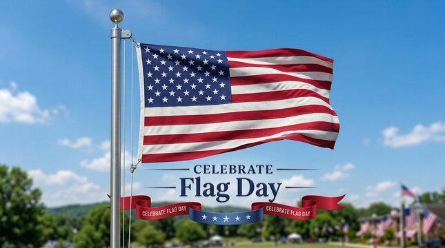 Celebrate Flag Day: Vibrantly Waving American Flag Under Blue Sky