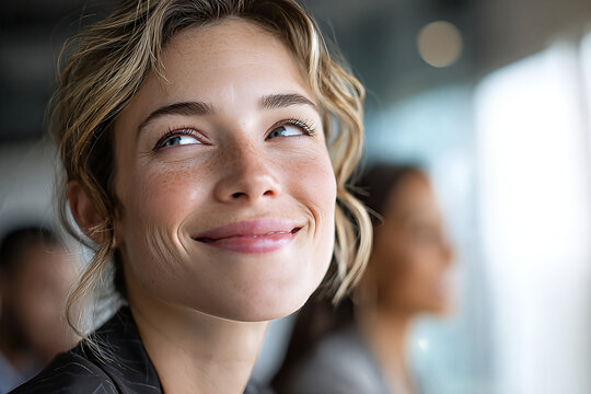 Caucasian businesswoman with freckled cheeks and soft dimpled smile, short wavy blonde hair, looking up toward window in bright airy office with blurred colleague