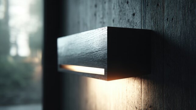 Dark Lacquered Wood Wall Light Fixture with Warm Ambient Illumination on Textured Surface