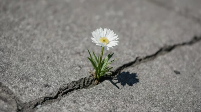 White daisy flower growing through a crack in gray concrete pavement, showcasing resilience and beauty in an urban environment with clear sunlight illuminating the scene