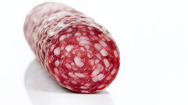 Closeup of a delicious salami sausage on a white background.