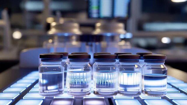 Automated robotic pharmacy arm selecting precise medication vial from illuminated storage grid blue LED glow reflecting on sterile white surfaces technician monitoring digital inve_2