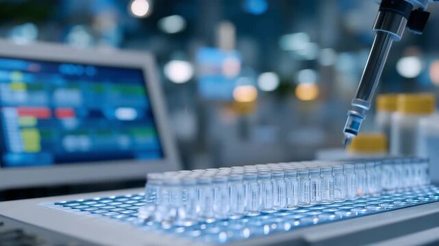Automated robotic pharmacy arm selecting precise medication vial from illuminated storage grid blue LED glow reflecting on sterile white surfaces technician monitoring digital inve_3
