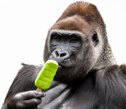 gorille, primat, manger, glace, sucr&eacute;, animal, faune, mammif&egrave;re, sauvage, nature, jardin zoologique, portrait, fourrure, visage, jungle, puissance