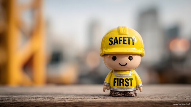 Cute construction worker figurine wearing safety helmet labeled safety first, workplace awareness message and protection culture, miniature character representing industrial caution and responsible 