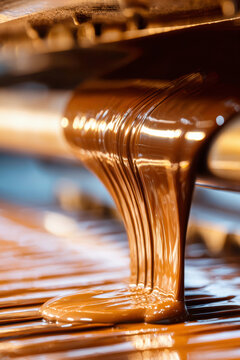Melted chocolate cascades over chocolate prolines on a conveyor