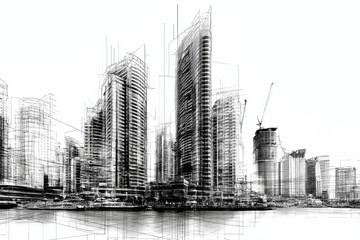 Fototapeta premium City skyline features a blend of sleek skyscrapers and hand-draw