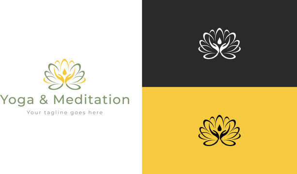 yoga logo, yoga and meditation logon meditation symbol, meditation vector design, health and wellness logo, calmness vector design, Lotus Flower Logo with Hands, Wellness and Spiritual Branding Vector