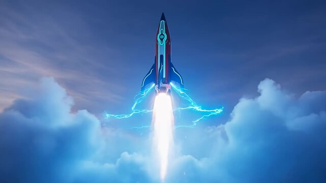 Stylized rocket launching through clouds emitting electric lightning and glowing trail