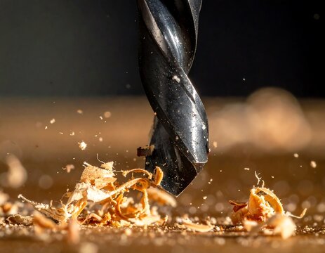 Close-up of a black drill bit drilling into wood, creating wood shavings and dust, against a dark background