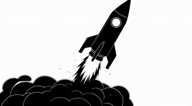 Dramatic black and white illustration of a rocket launching with billowing smoke
