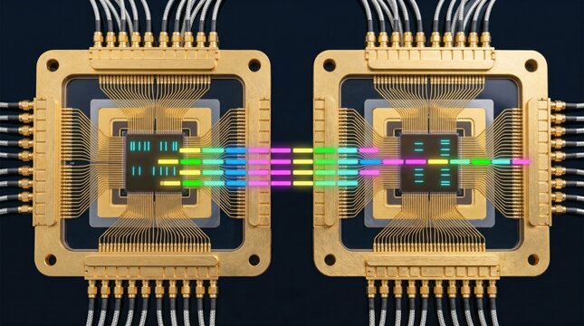 Dual quantum processors exchanging multicolor data streams showcasing qubit communication entanglement networking and advanced computing