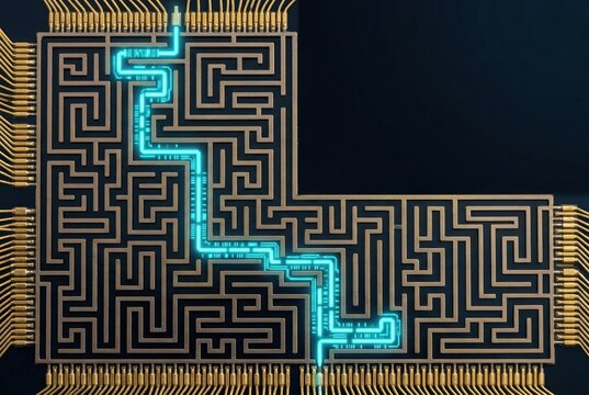 Quantum processor maze circuit with glowing data path showcasing qubit routing optimization algorithm design and advanced computing
