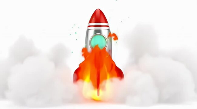 A whimsical cartoon rocket launches with a plume of fire and smoke