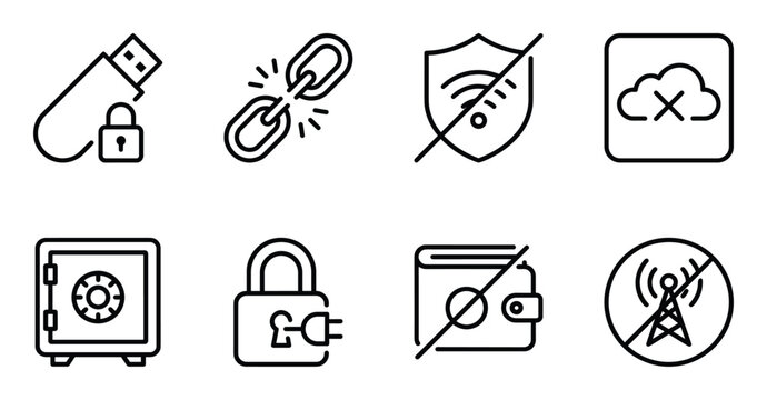 Set of line icons for digital security, network issues, and restricted access