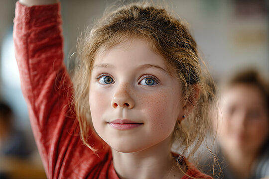 Elementary student with curly light - brown hair and freckles raises her hand in a red sweater; close - up blue - green eyes, small stud earring, bright classroom