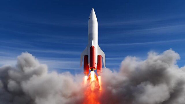 Dramatic rocket launch ascending through billowing clouds on a vibrant blue sky
