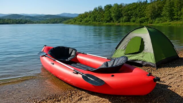 Beautiful lakeside camping scene with a red kayak and green tent on shore