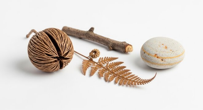 Zen still life composition with dried pong pong seed, brown fern leaf, smooth river stone, and wooden branch on a minimalist white background