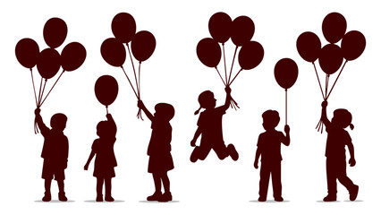 Silhouettes of happy children holding balloons, Kids playing with balloons vector illustration, Group of children silhouettes with party balloons, Playful childhood concept with kids and balloons © Dream Graphics