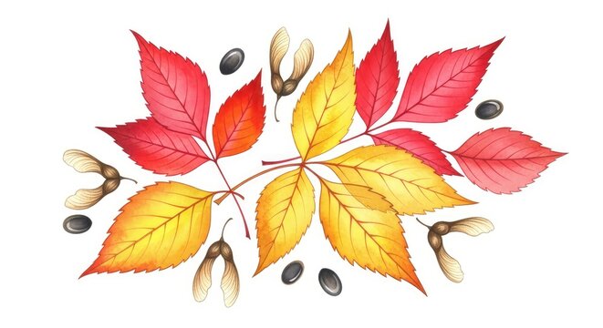 Watercolor illustration of colorful autumn leaves and seeds isolated on white background