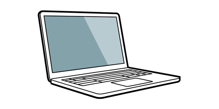 A simple black and white line art illustration of a modern laptop computer on a white background Vector, illustration