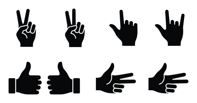 Collection of hand signs for peace, rock and roll, pointing, and thumbs up on grey