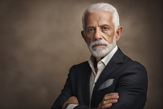 Mature businessman with white beard and arms crossed in navy dotted blazer and open - collar shirt, stern confident gaze against warm brown studio backdrop