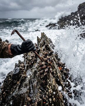 Extreme harvesting of gooseneck barnacles on rocky cliffs with crashing waves