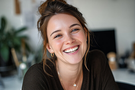 Smiling young professional woman with freckles, messy bun, gold hoop earring and pearl pendant wearing a brown top in a bright home office