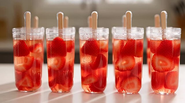 Strawberry popsicles in clear glasses on table, Homemade strawberry popsicles served in clear glasses with fruit pieces, refreshing summer dessert drink idea with bright red color.