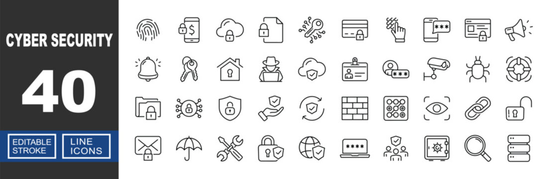 Cyber Security and Advanced Network Protection. Includes Biometric Eye Scan, Firewall Wall, CCTV Surveillance, Security Bug Analysis, Encrypted Data Folder. Editable stroke line icons.