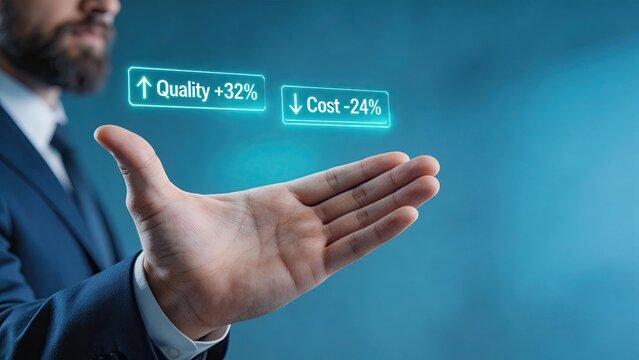 Businessman hand showing hologram quality increase and cost decrease financial growth profit optimization corporate strategy efficiency improvement modern technology digital