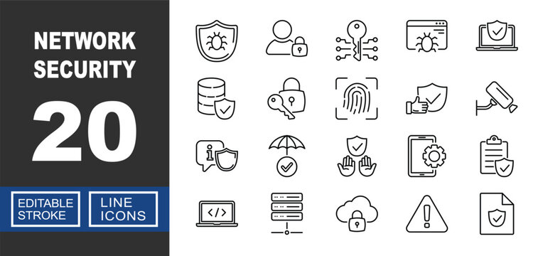 Network Security and Data Protection Systems. Includes Cyber Security Shield, Biometric Fingerprint, Digital Encryption Key, Cloud Data Privacy, Secure Server Infrastructure. Editable stroke line icon