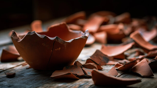 permanence. Shattered terracotta pot fragments on rustic wooden table, dramatic shadows. lifestyle magazines, social media lookbooks, designed for influencer and brand collaborations.
