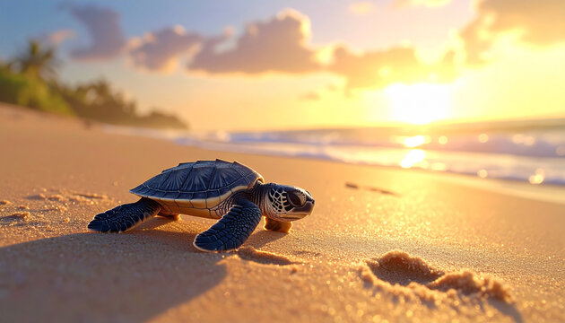 Turtle on sandy beach at sunset