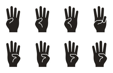 Fototapeta premium Set of black hand gestures showing number four, isolated on transparent background