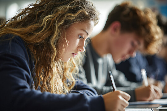 Secondary student with curly blonde hair and freckles in navy sweatshirt focused on exam, side profile writing while blurred male classmate works behind her