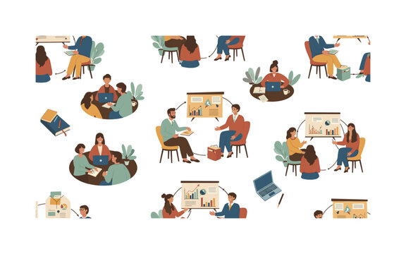 Teaching methods for adults, seamless pattern, repeating pattern, surface design, textile print, cozy arrangement of adult learners, notebooks, laptops,