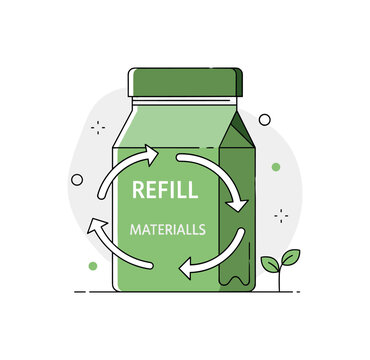 Green packaging design. One main reusable container is the focus, with refill arrows circling it and minimal decorative dots adding balance. A tiny plant