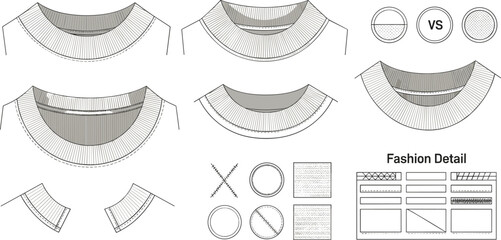 T Shirt Neckline Rib Collar Detail Set with Crewneck Variations, Stitching Patterns and Fashion Construction Elements for Apparel Design Illustration © MdJalal