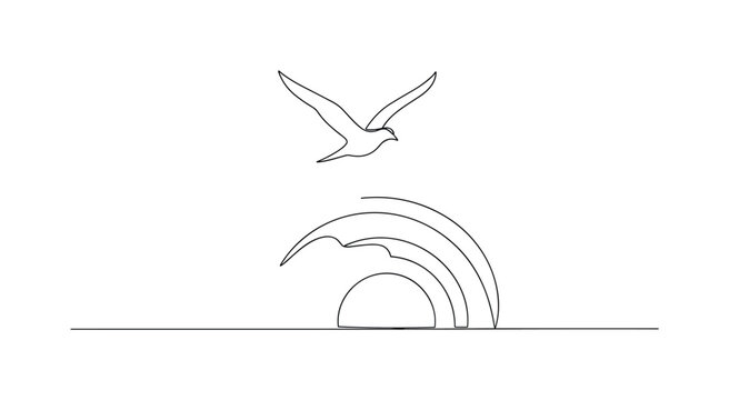 "Dawn moment". Minimalistic one-line drawing bird silhouette with sun emerging on the horizon and gentle curved lines indicating light, continuous single black