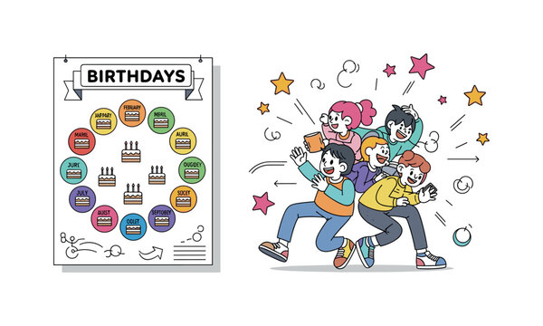 Classroom birthday chart. A single colorful wall chart is the main focus, with months arranged in a circle and small cake icons marking birthdays. Bright stars