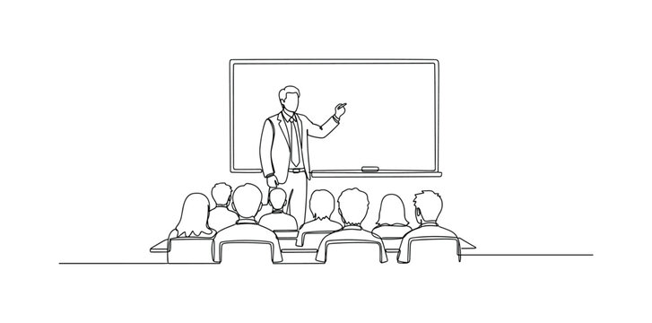 "Whiteboard Teaching Scene". Minimalistic one-line drawing a teacher writing on a board with minimal classroom elements and attentive students, continuous