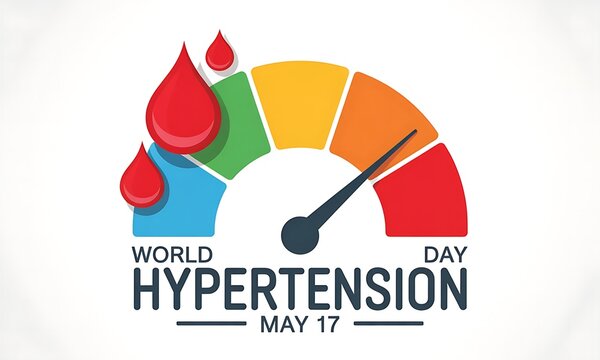 World hypertension day May 17 graphic with blood drops and pressure meter illustration depicting high blood pressure awareness and health checkup concept.