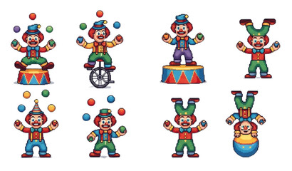 Pixel art clown set with circus performers juggling riding unicycle and doing tricks © MstRuna
