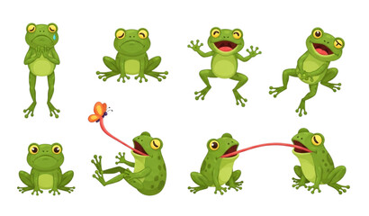 Obraz premium Funny frog illustration set with cute amphibian emotions jumping and hunting butterfly