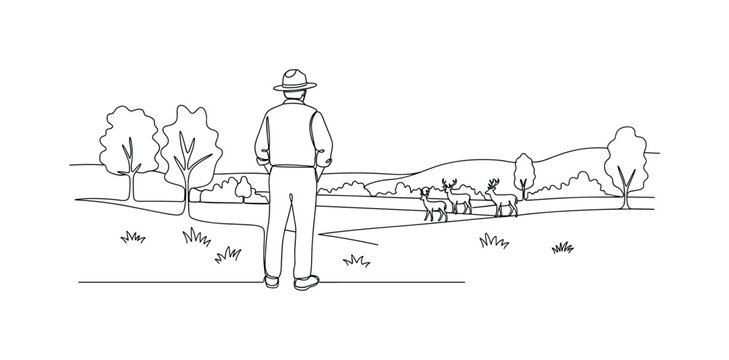 "Nature Protection Scene". Minimalistic one-line drawing a ranger observing wildlife in an open environment suggesting conservation efforts, continuous single