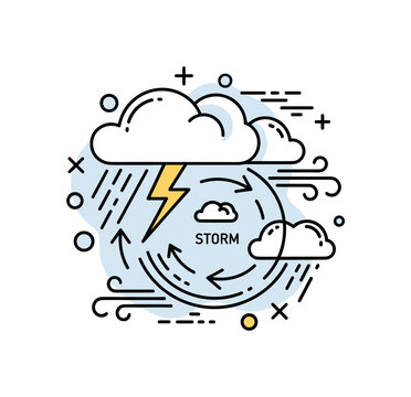 Storm intensity. A bold storm cloud with strong rain lines and wind arrows swirls around a central lightning icon. A small ?STORM? label highlights increasing